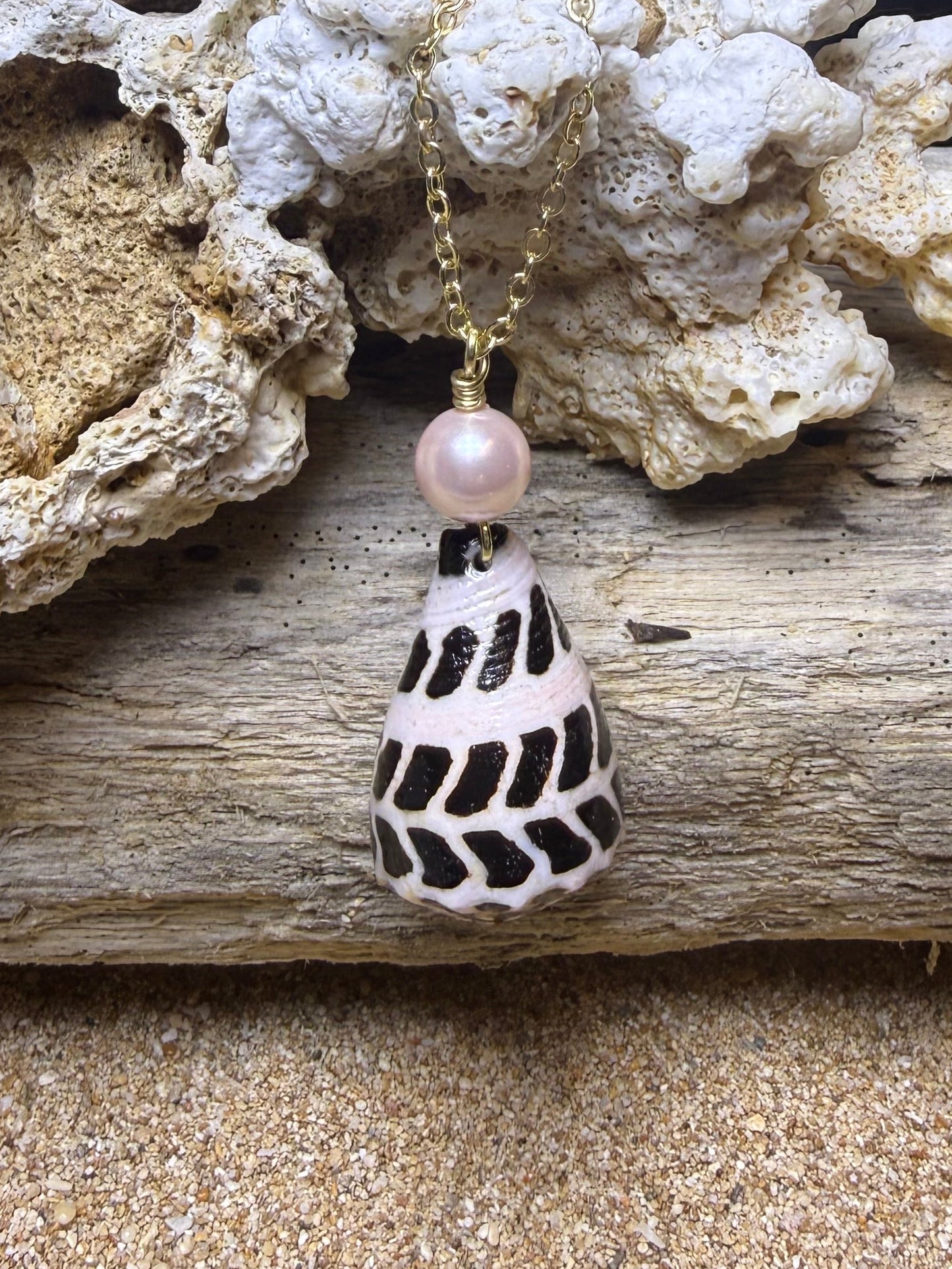 Hebrew Cone Shell and Pink Freshwater Pearl.