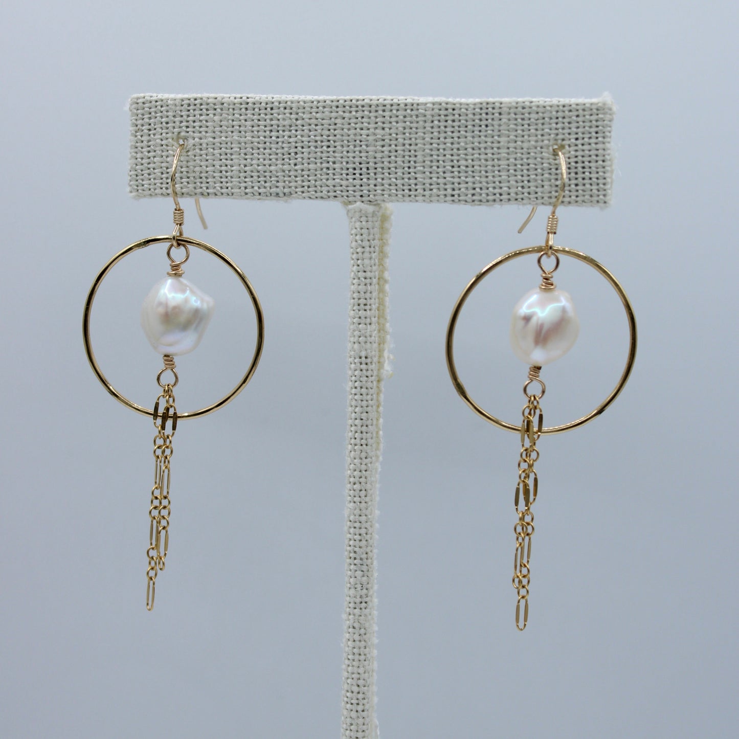 White Keshi Pearl Hoop and Chain Earrings