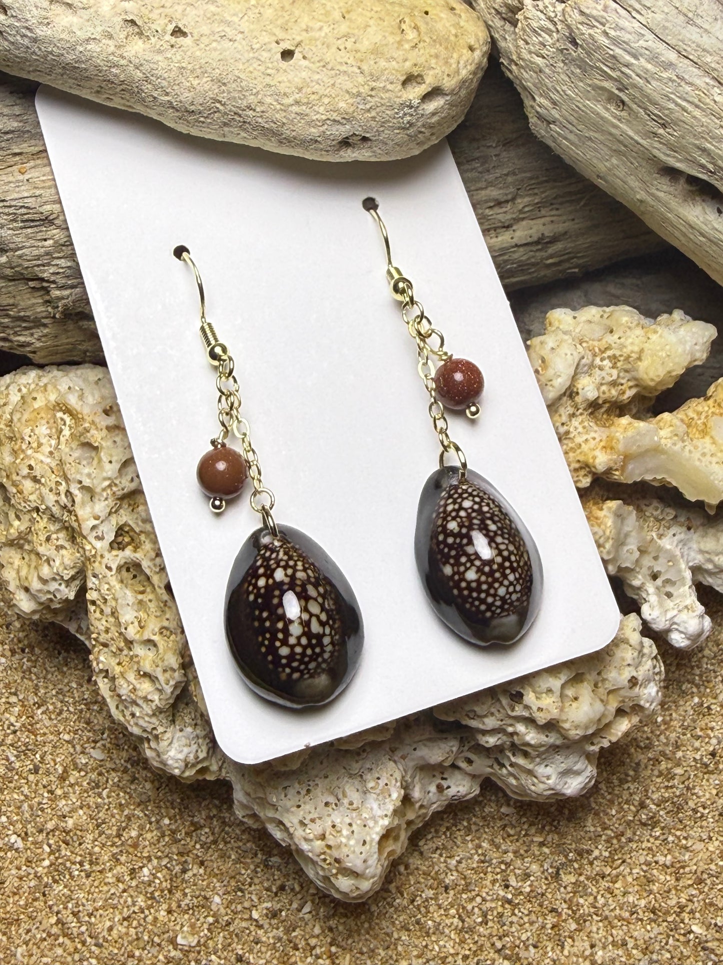 Brown Bead Cowry Earrings