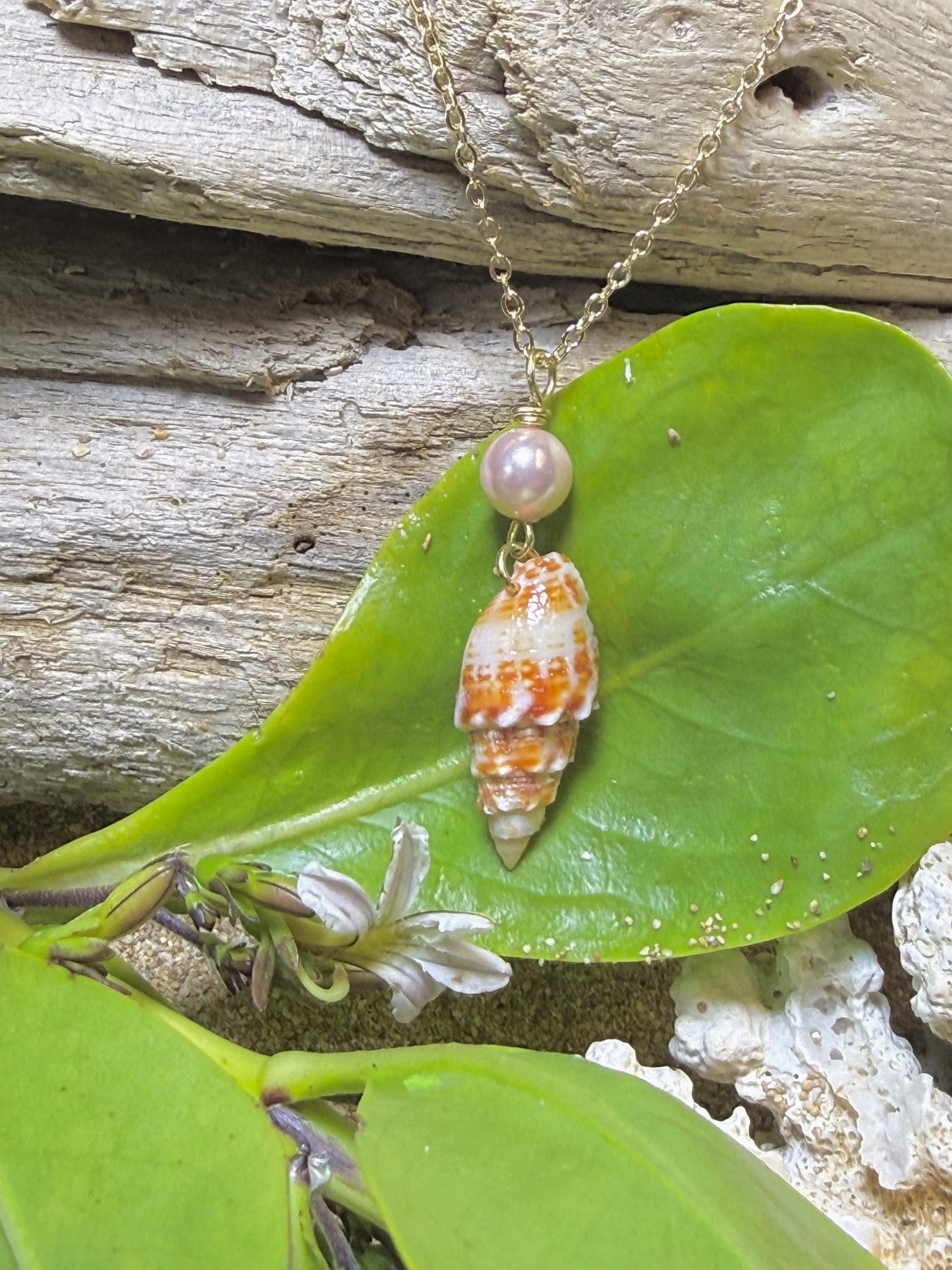 Miter Shell and Pink Pearl Necklace