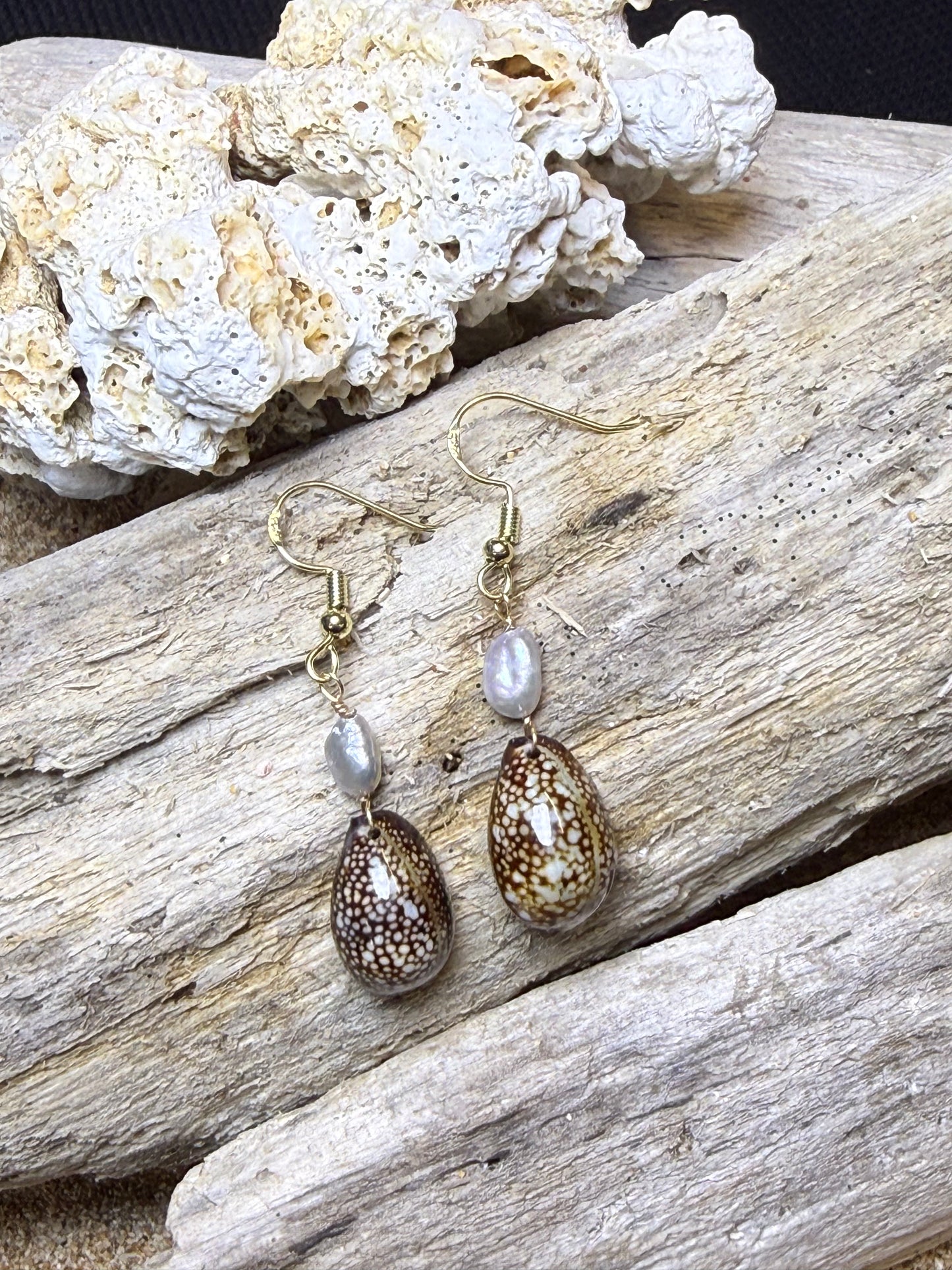 Cowry and Keshi Dangle Earrings