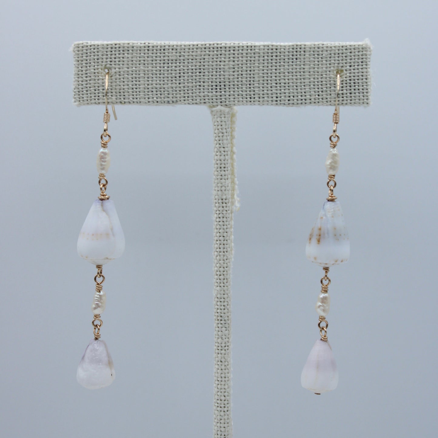 Mini Cone Shells with White Keshi Pearl Earrings