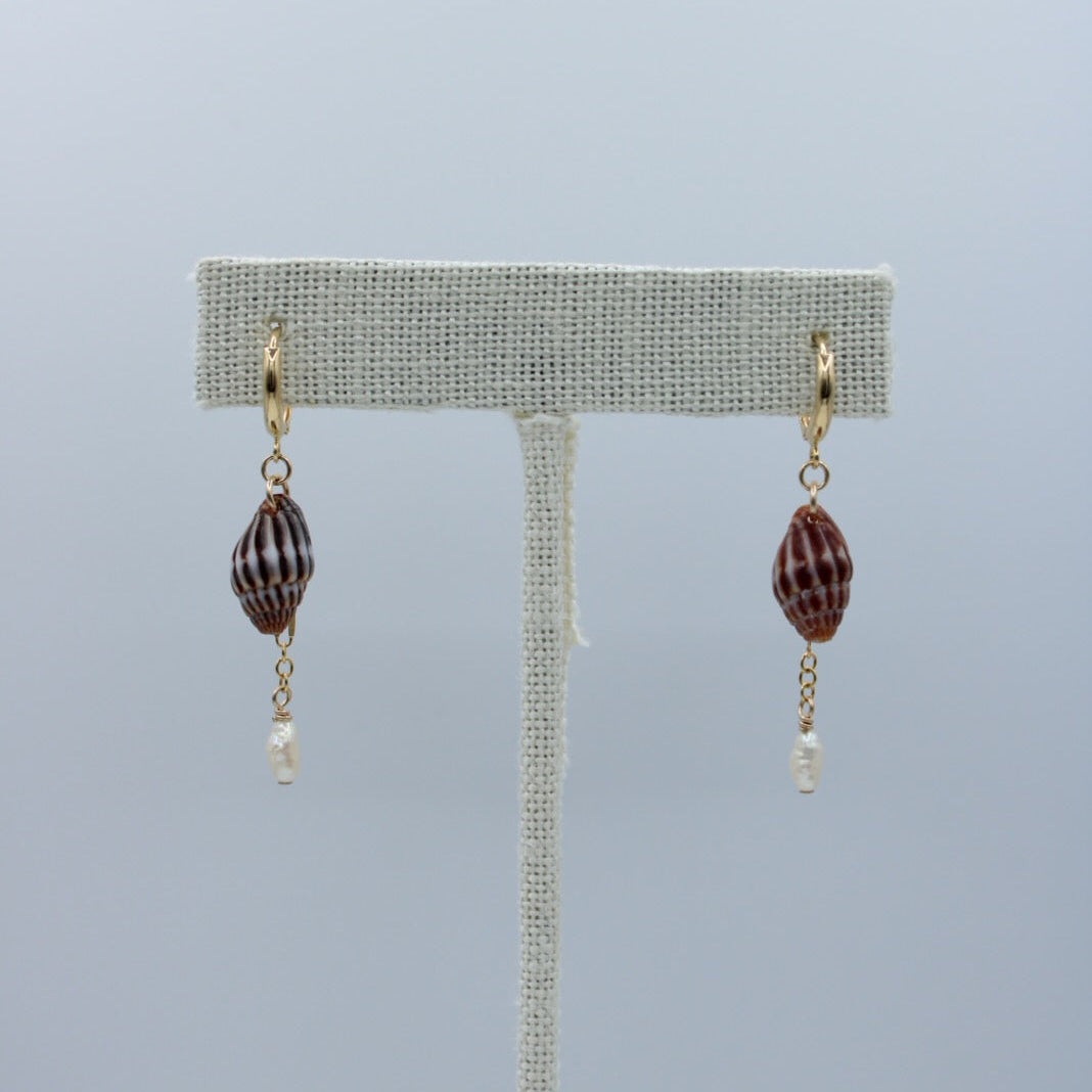 Dove Seashell with White Keshi Pearl Earrings