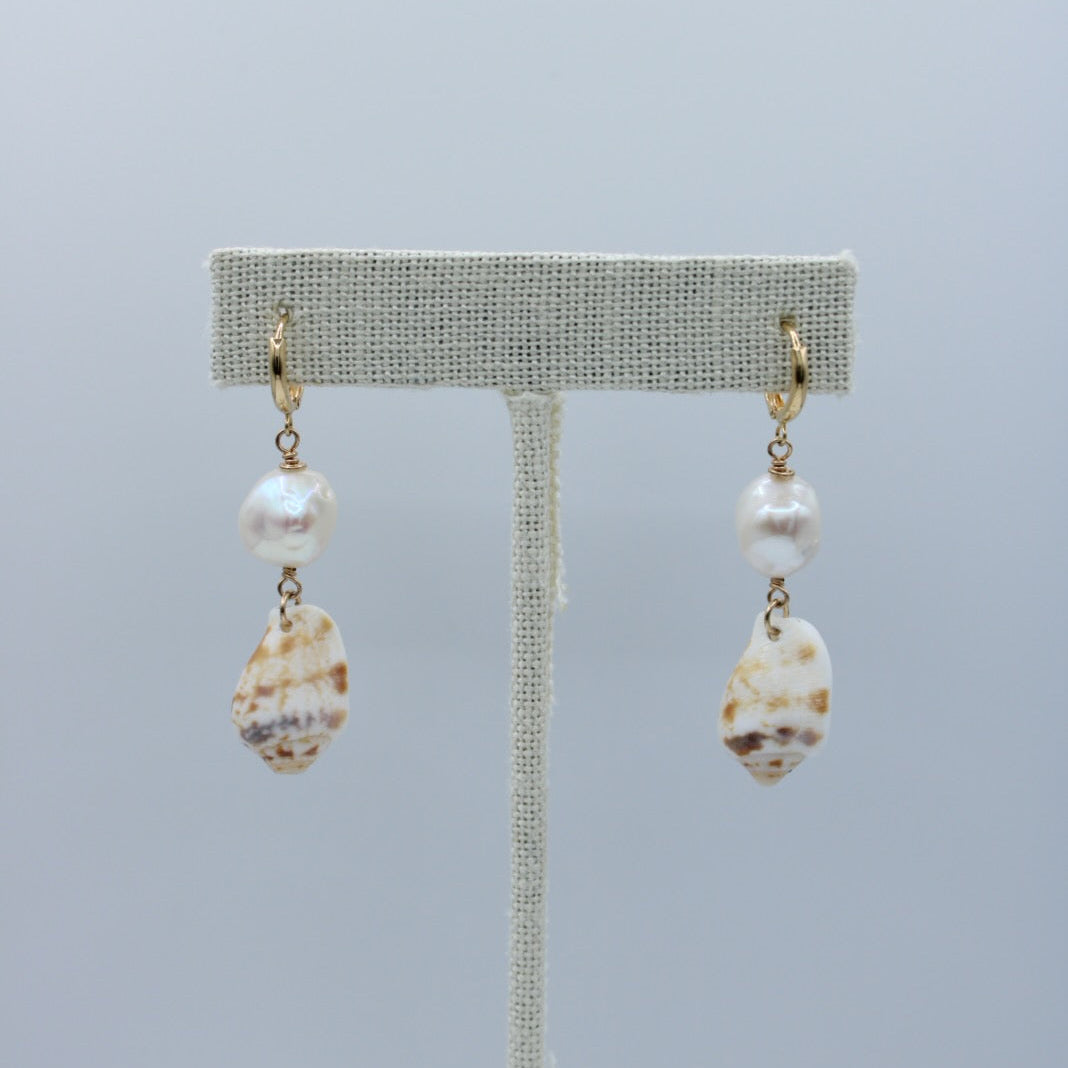 Spotted Stromb Seashell with White Keshi Pearl Earrings